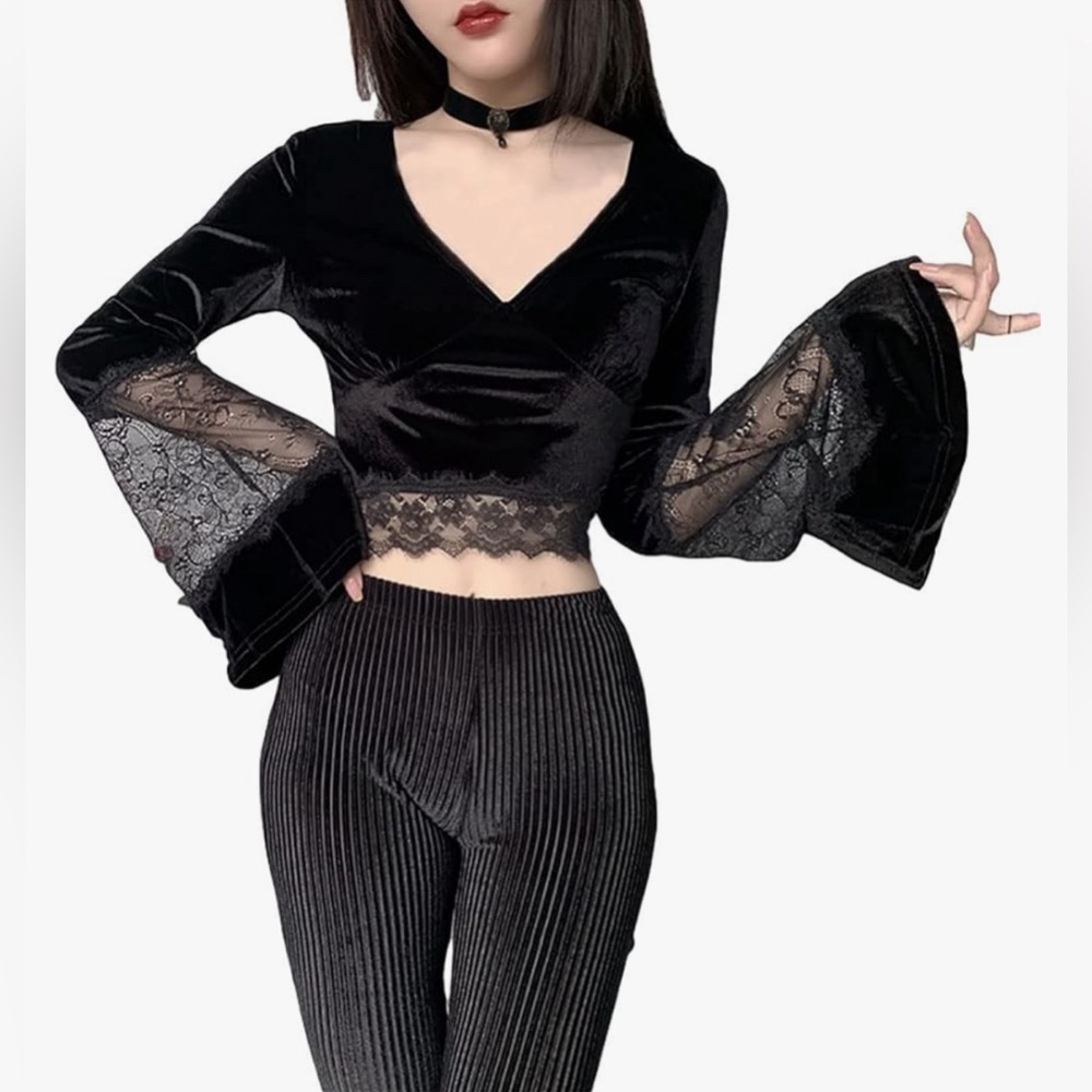 Goth Style Velvet Crop Top Lace Bell Sleeve